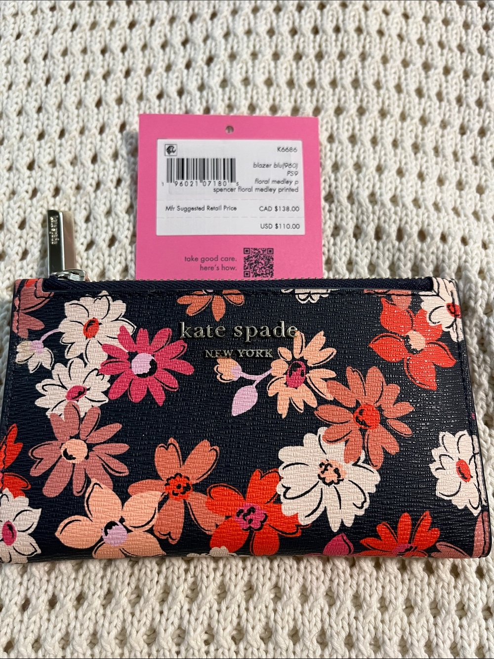 kate spade navy floral zip wallet with pink & coral blooms